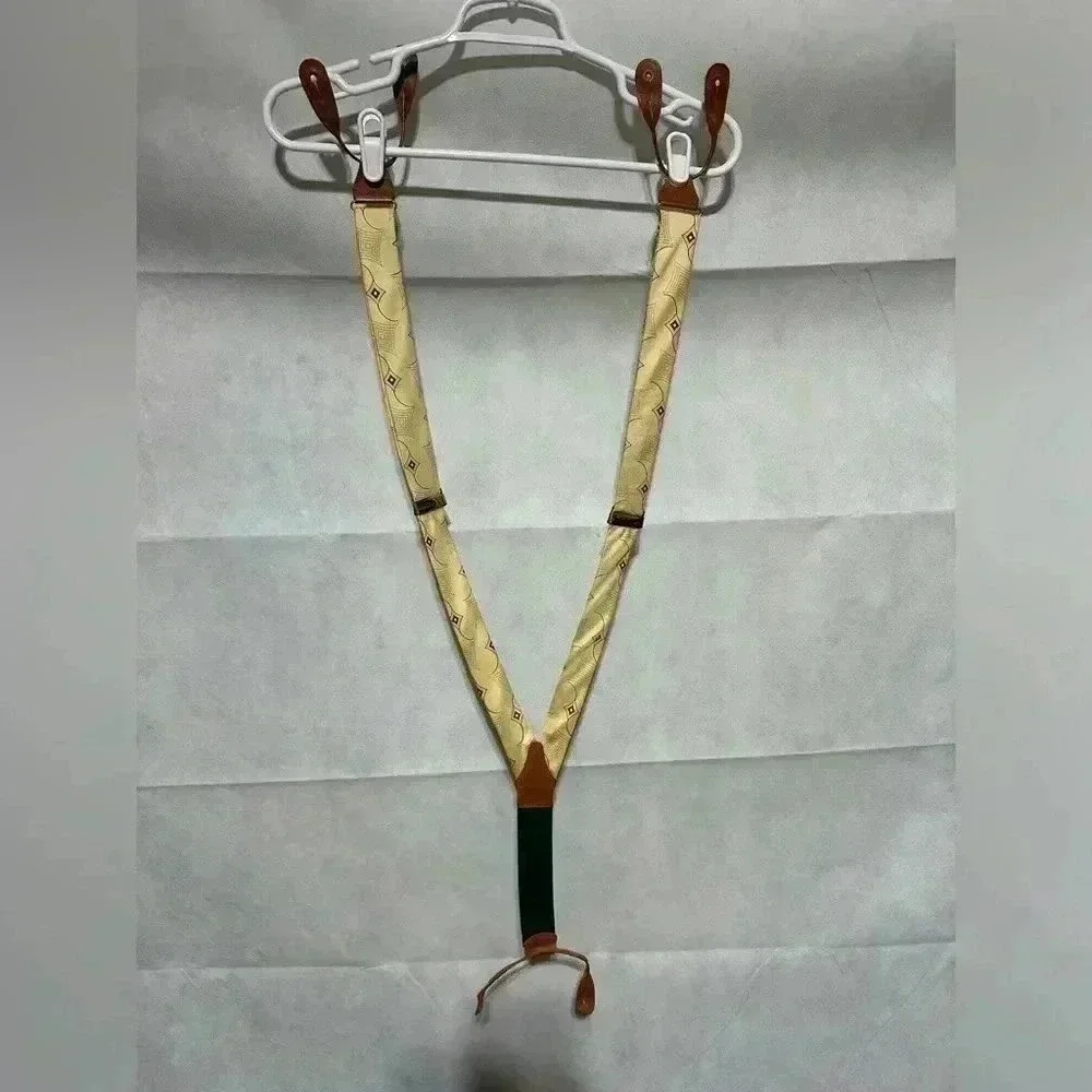 VTG Polo Ralph Lauren Yellow Silk Brass Leather Suspenders Geometric Print USA